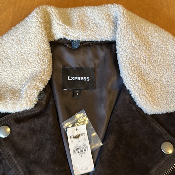 Express Moto Jacket Suede Leather Small Chocolate Brown w/Sherpa Collar NEW - Picture 3 of 5